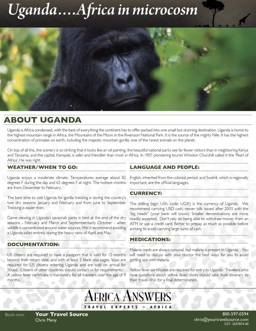 855Amazing Apes Safari - UgandaINFO Flyer Oct 16-Your Travel Source2